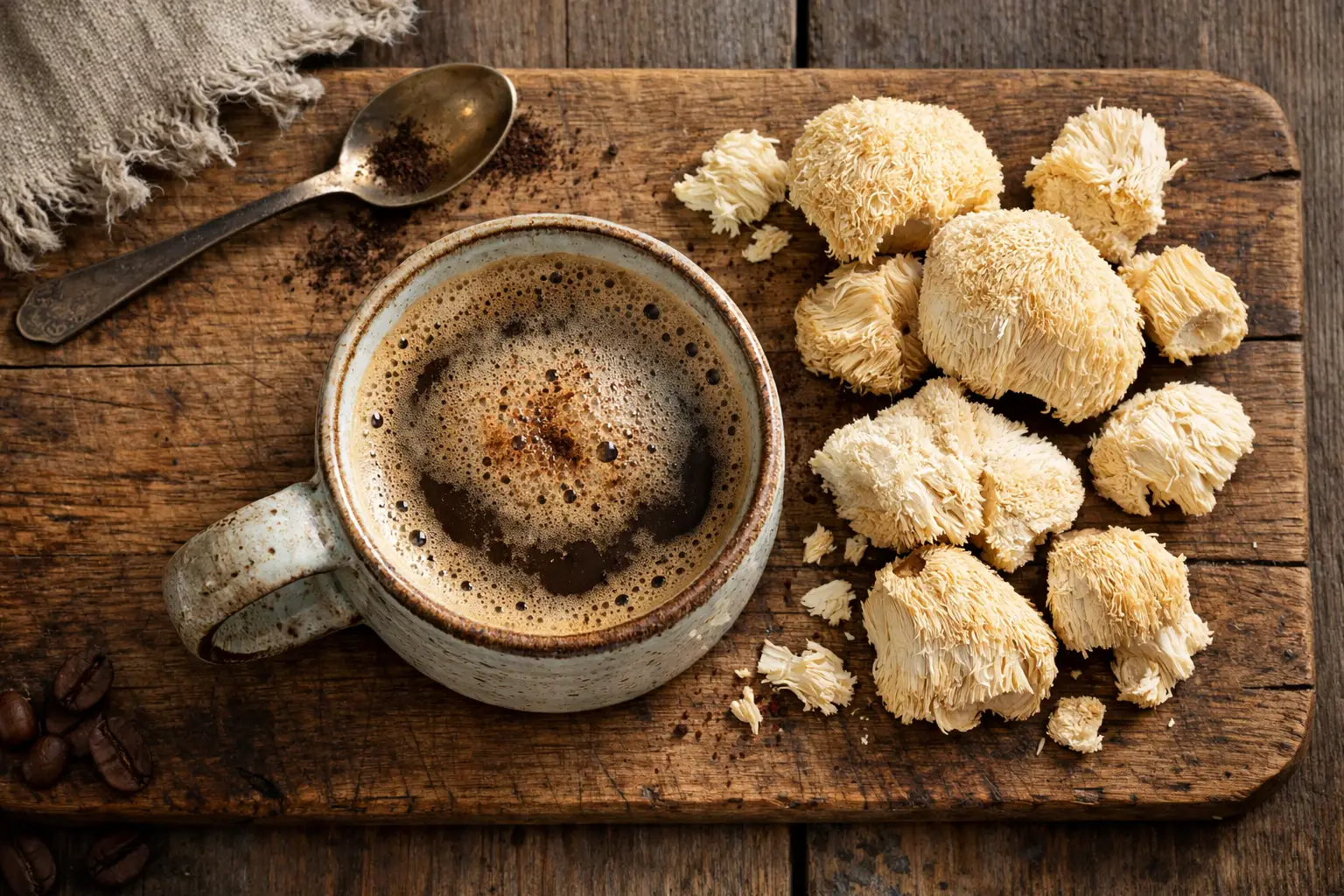 रस्टिक लकड़ी की टेबल पर ताजा लायन्स मेन मशरूम कॉफी - प्रति कप 5 कैलोरी