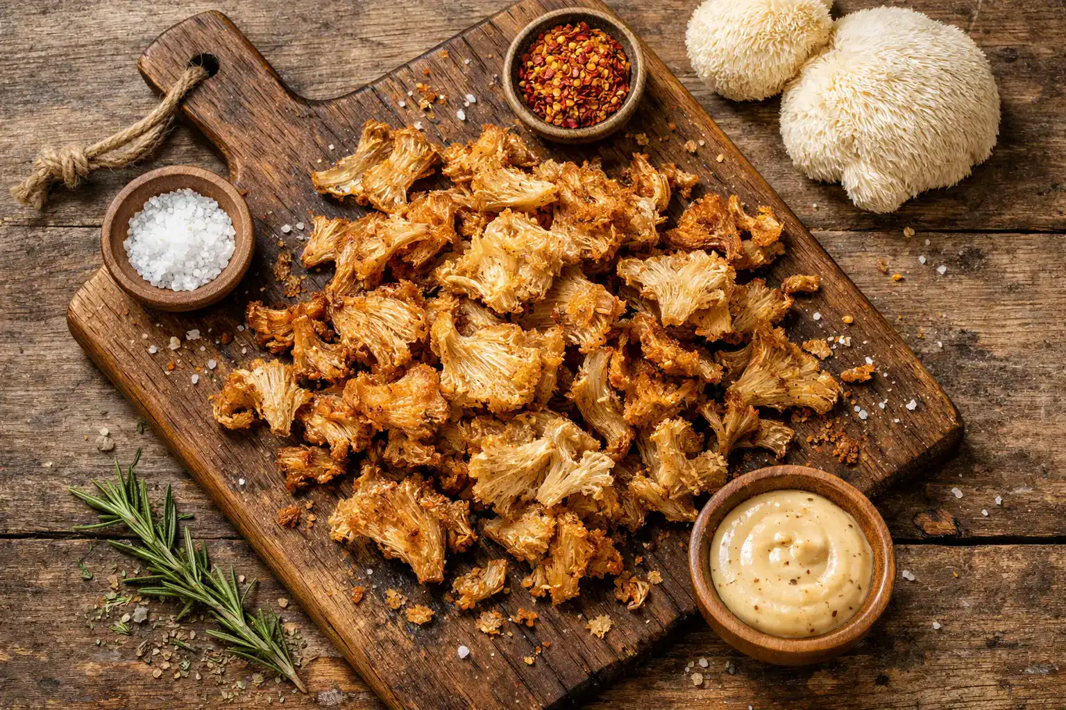Fresh lion's mane mushroom crisps on rustic wooden table - 120 calories per 28g serving
