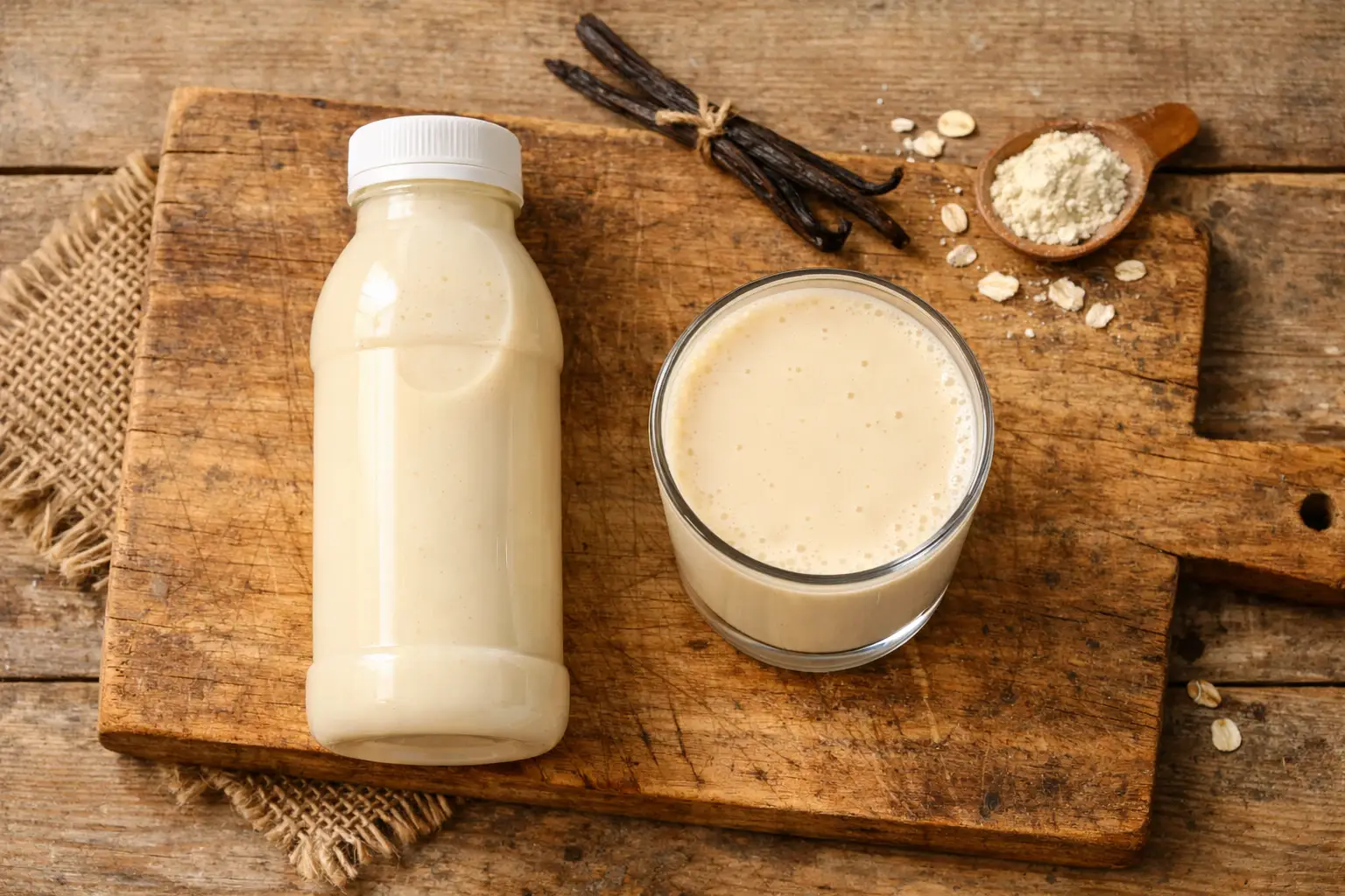Batido sustituto de comida líquido fresco sobre mesa de madera rústica - 400 calorías por botella