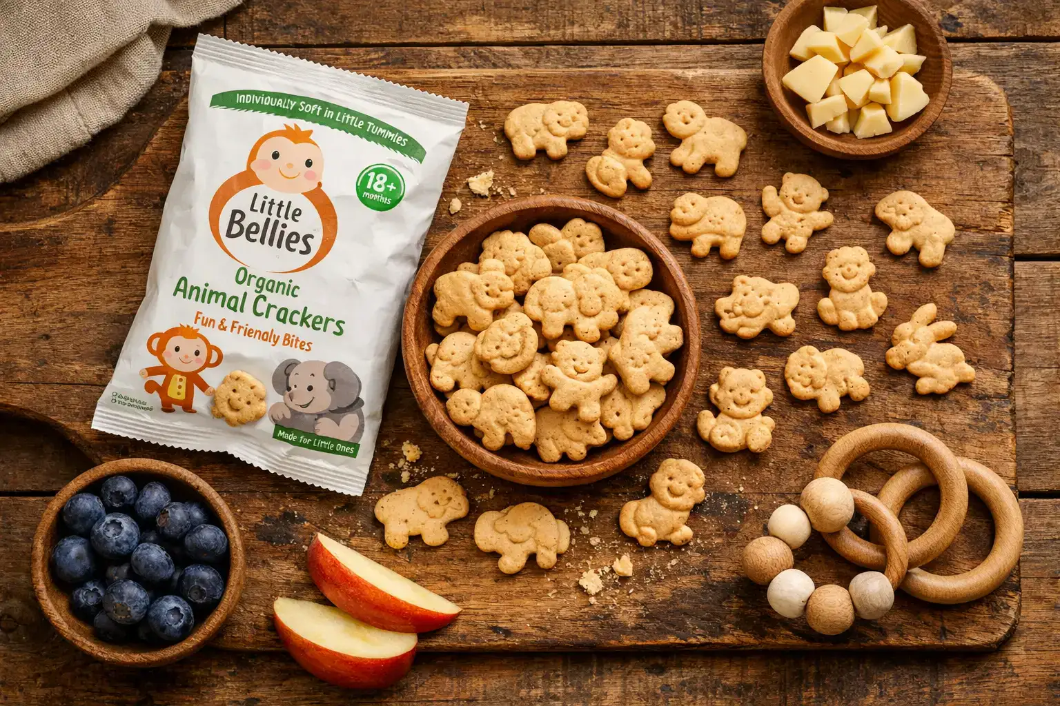 Fresh Little Bellies organic animal crackers toddler snack on rustic wooden table - 86 calories per serving