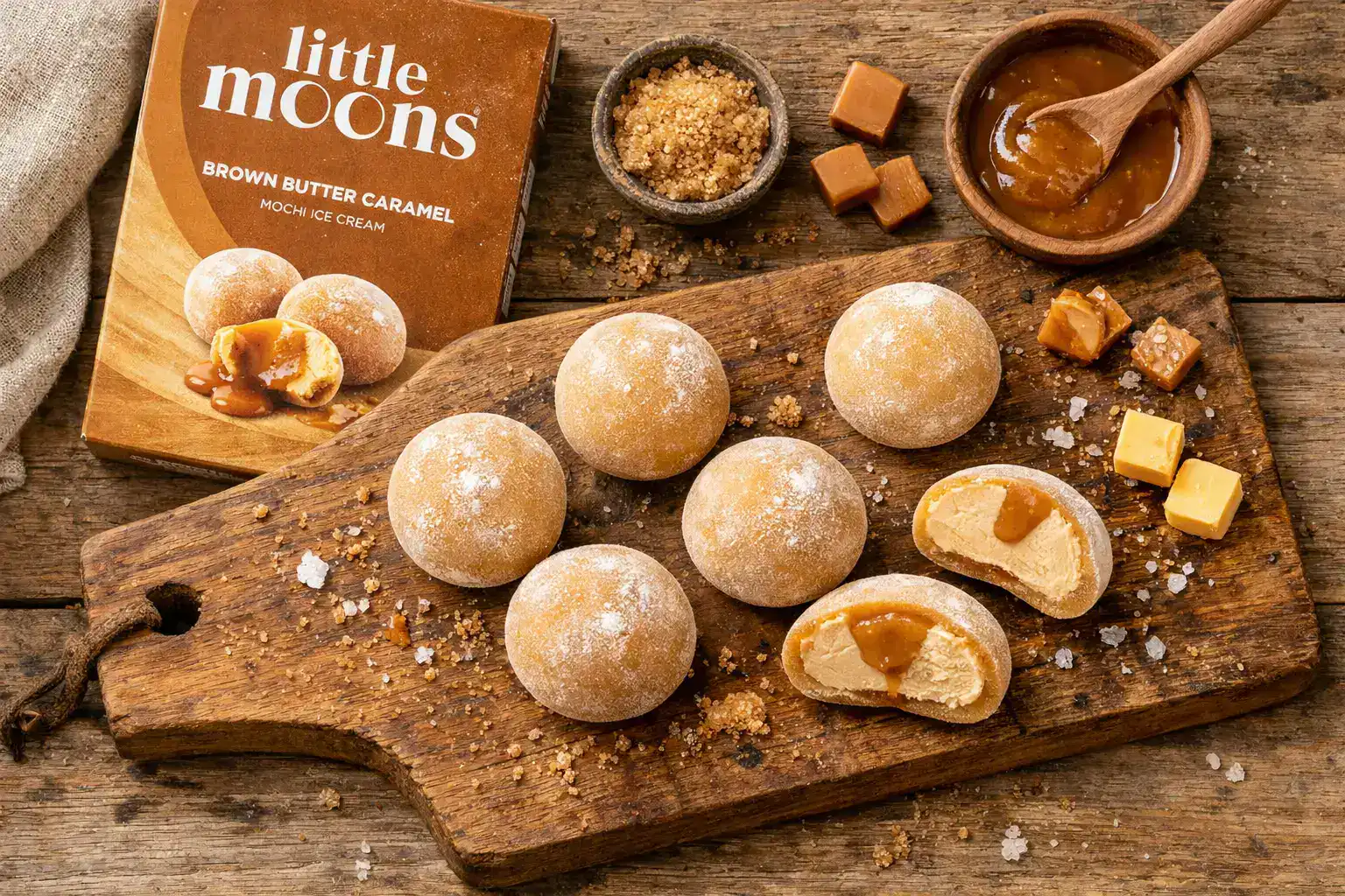Little Moons Brown Butter Caramel Mochi auf rustikalem Holztisch - 67 Kalorien pro Stück