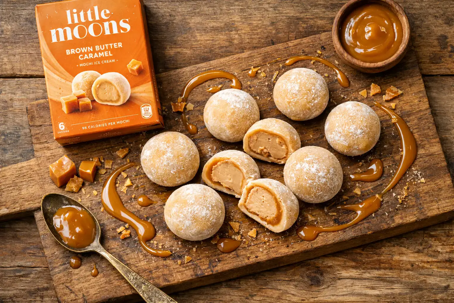 Little Moons Brown Butter Caramel Mochi on rustic wooden table - 70 calories per piece