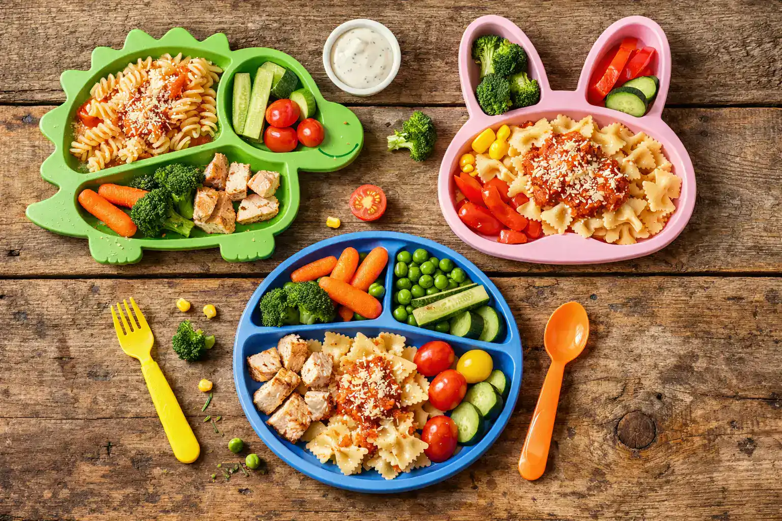 रस्टिक वुडन टेबल पर फ्रेश Little Spoon kids meal - 200 कैलोरी प्रति प्लेट