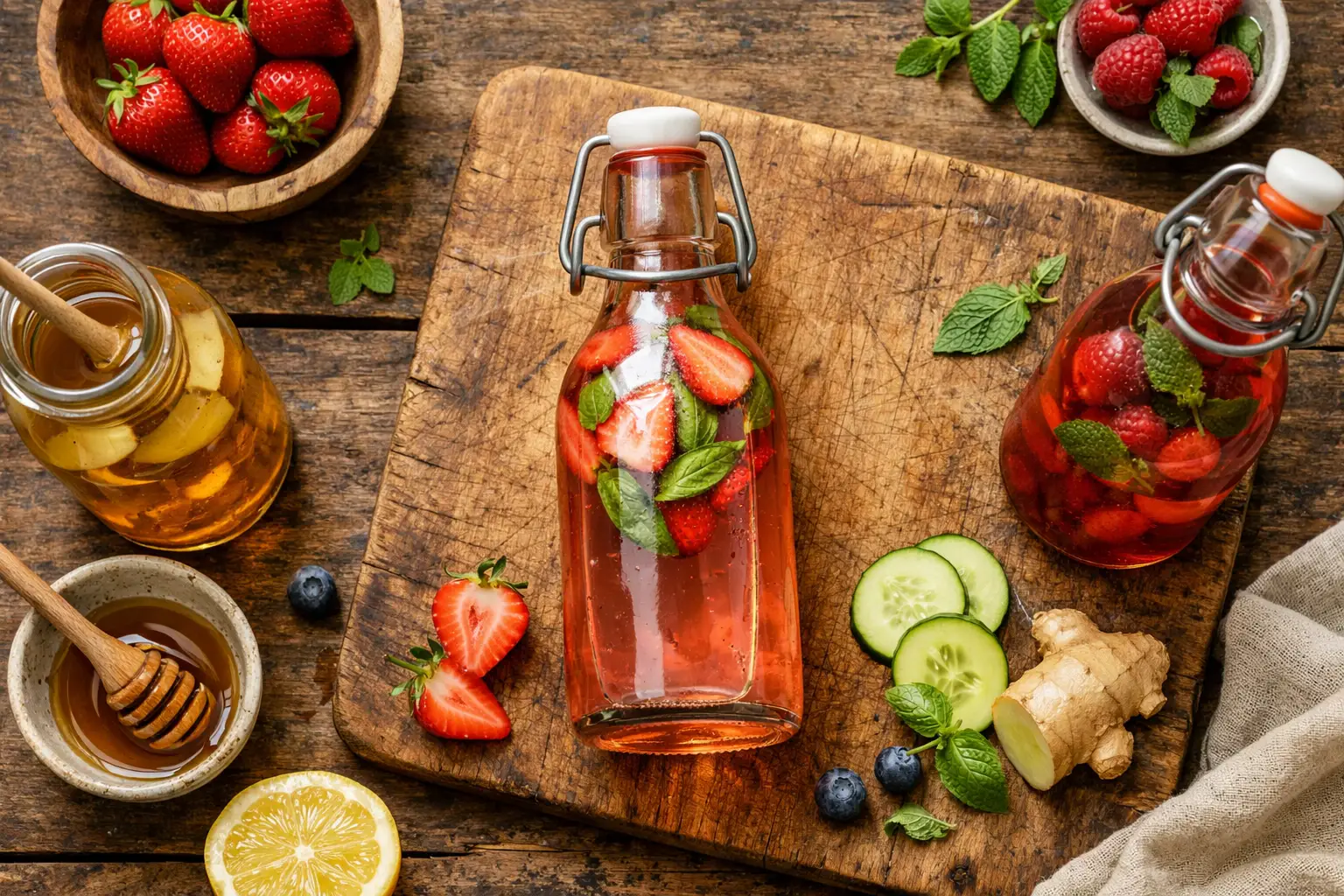 Fresh living vinegar tonic with fruit infusions on rustic wooden table - 15 calories per 60ml shot
