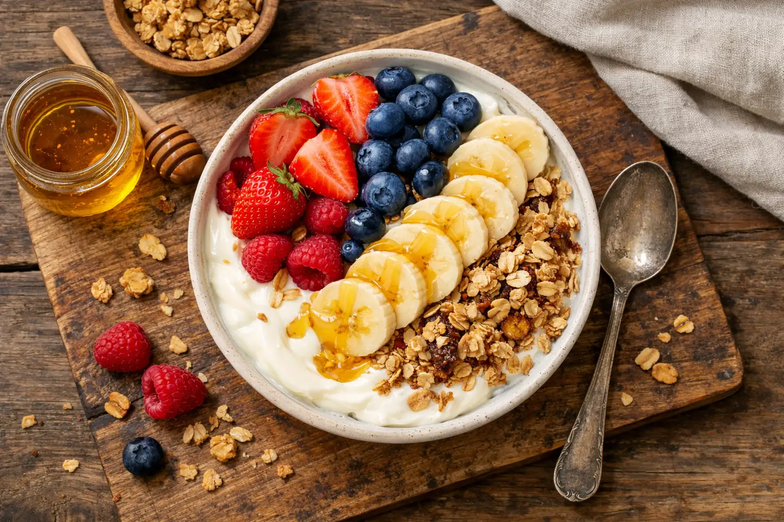 Fresh loaded cereal bowl on rustic wooden table - 280 calories per bowl