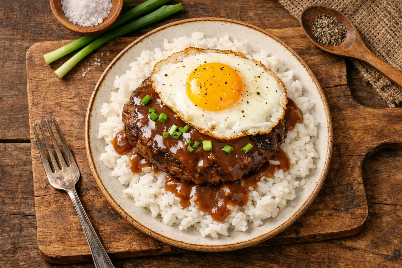 Loco moco fresco en mesa de madera rústica - 563 calorías por porción