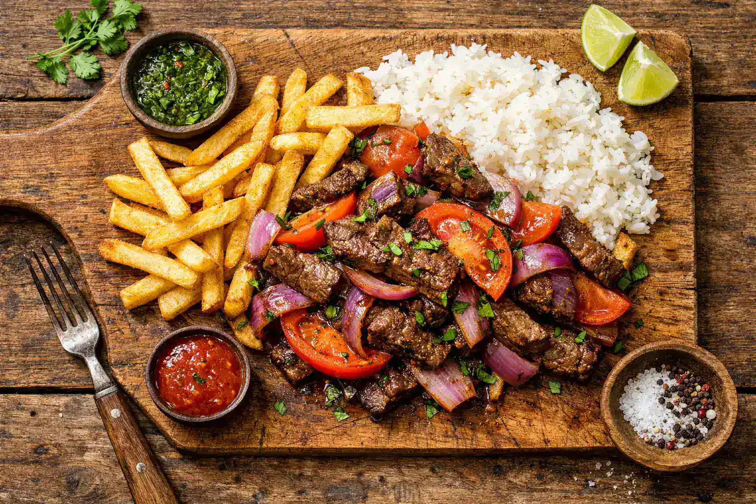 Lomo saltado fresco en mesa de madera rústica - 383 calorías por porción