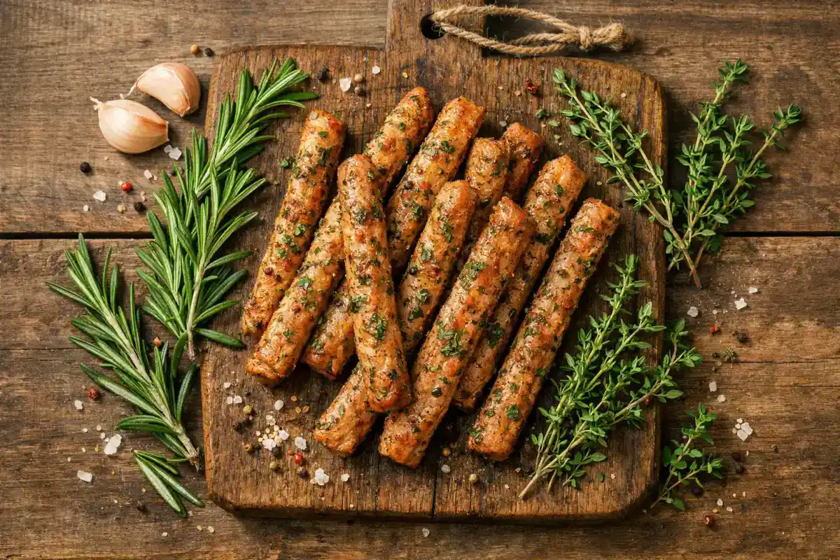 Bâtonnets de dinde aux herbes fraîches sur une planche en bois rustique - 70 calories par bâtonnet