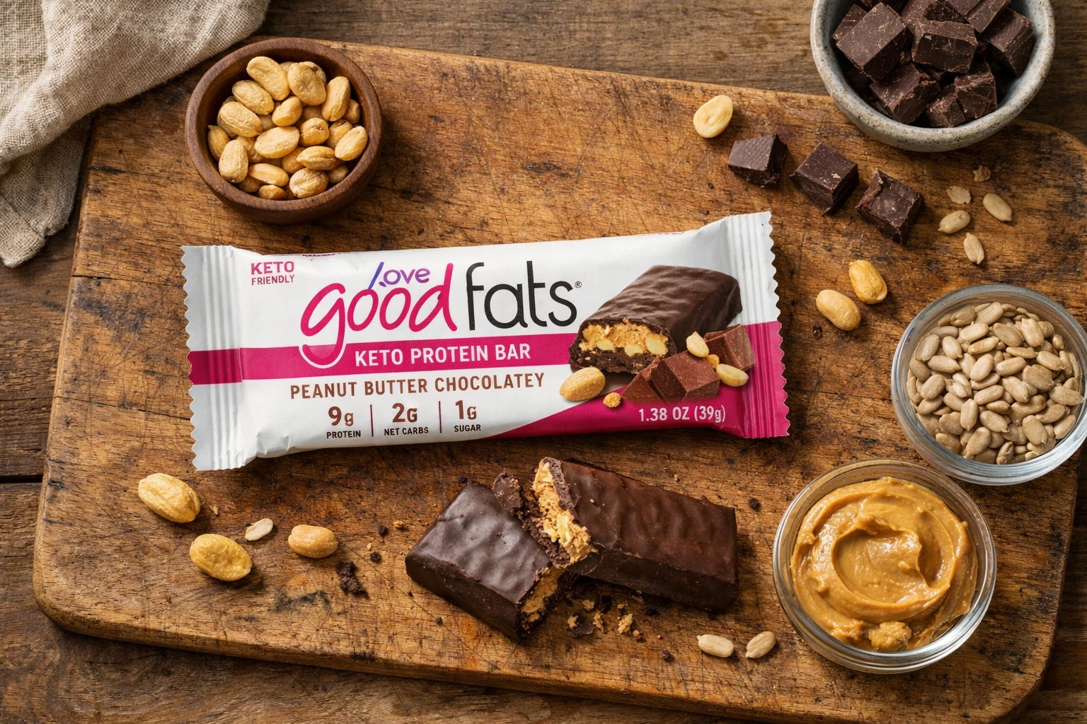 रस्टिक वुडन टेबल पर फ्रेश Love Good Fats Keto Bar - 210 कैलोरी प्रति बार