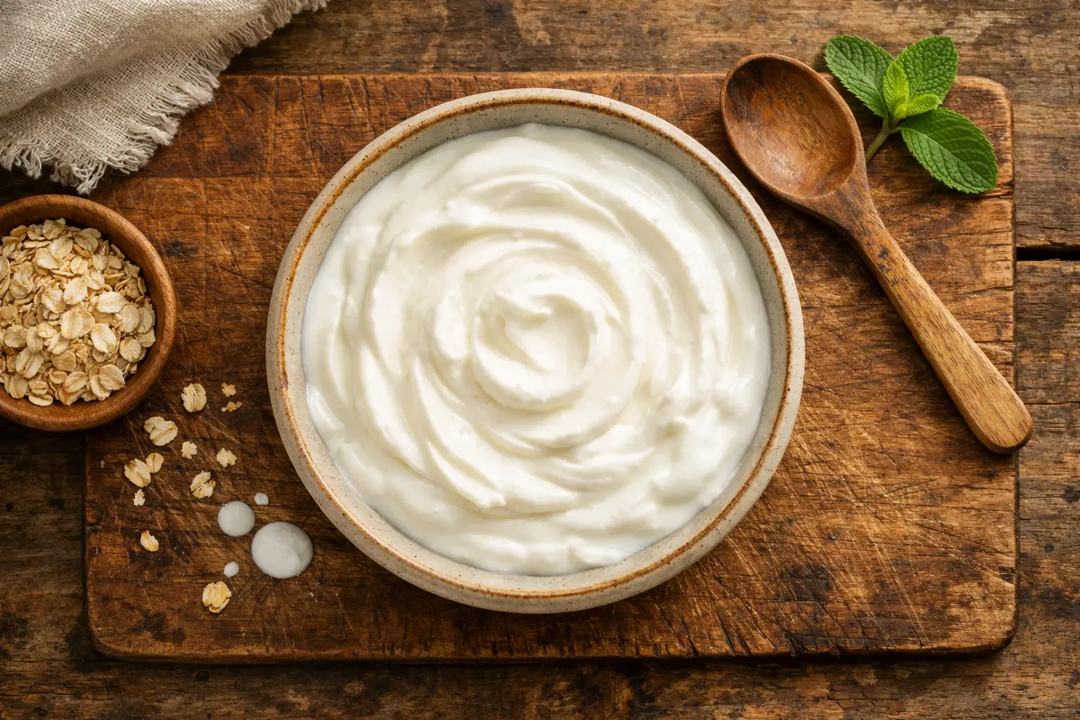 Yogur griego bajo en grasa fresco en bol de cerámica sobre mesa de madera rústica - 73 kcal por 100 g