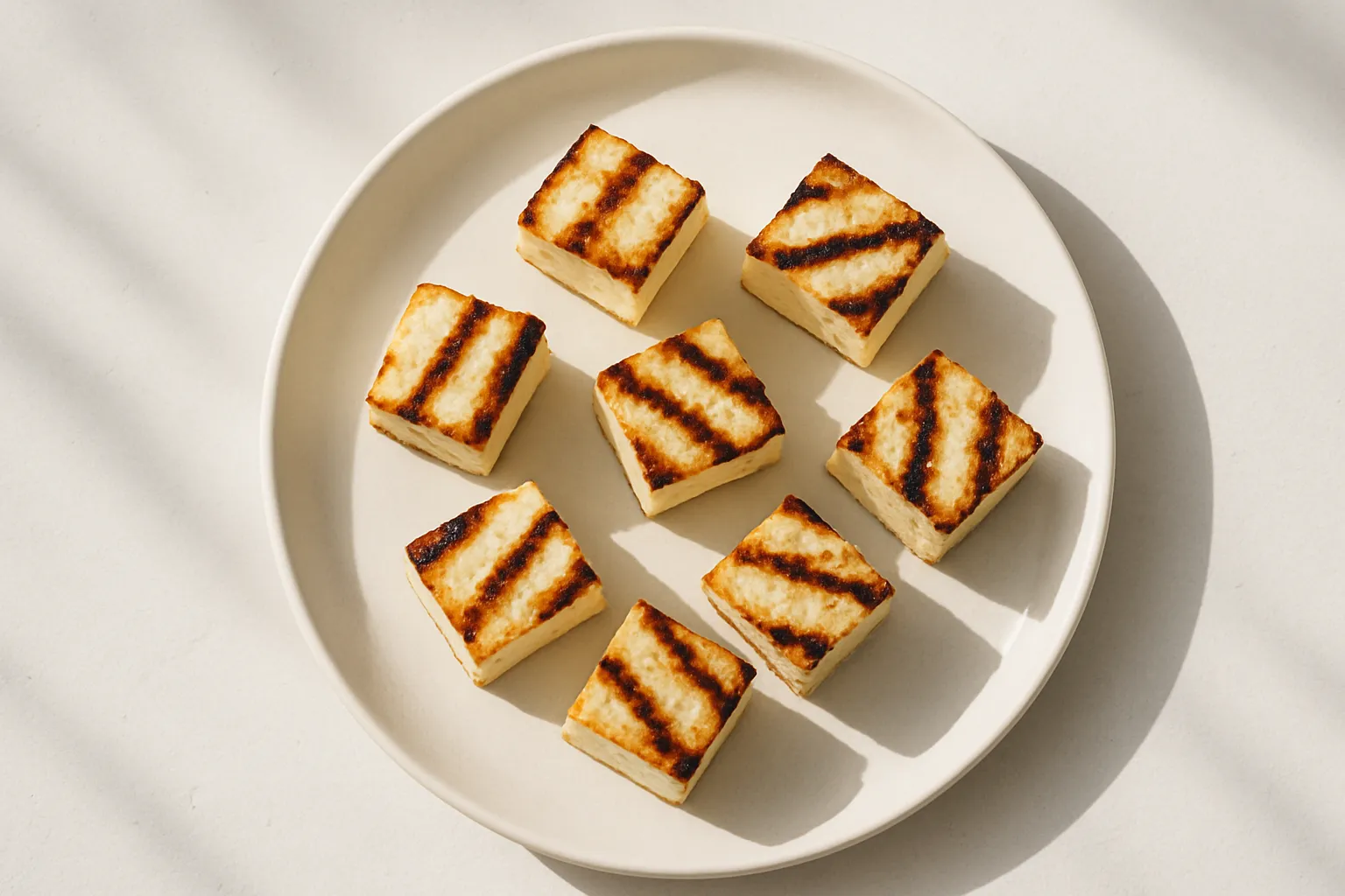 Grilled Magerer Paneer cubes on white plate - 160 calories, 28g protein