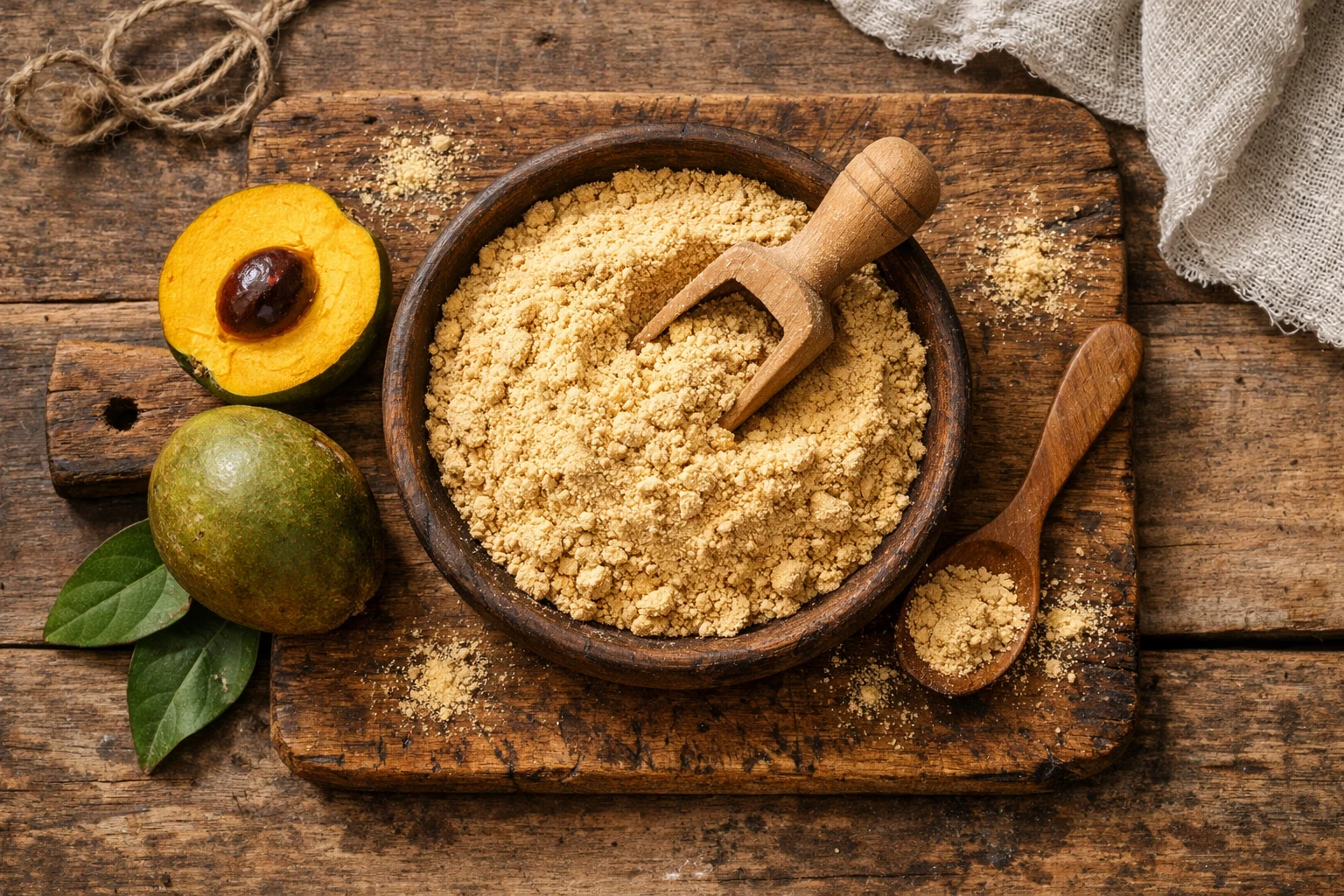 रस्टिक लकड़ी की टेबल पर ताजा लुकुमा पाउडर - 100g में 330 कैलोरी