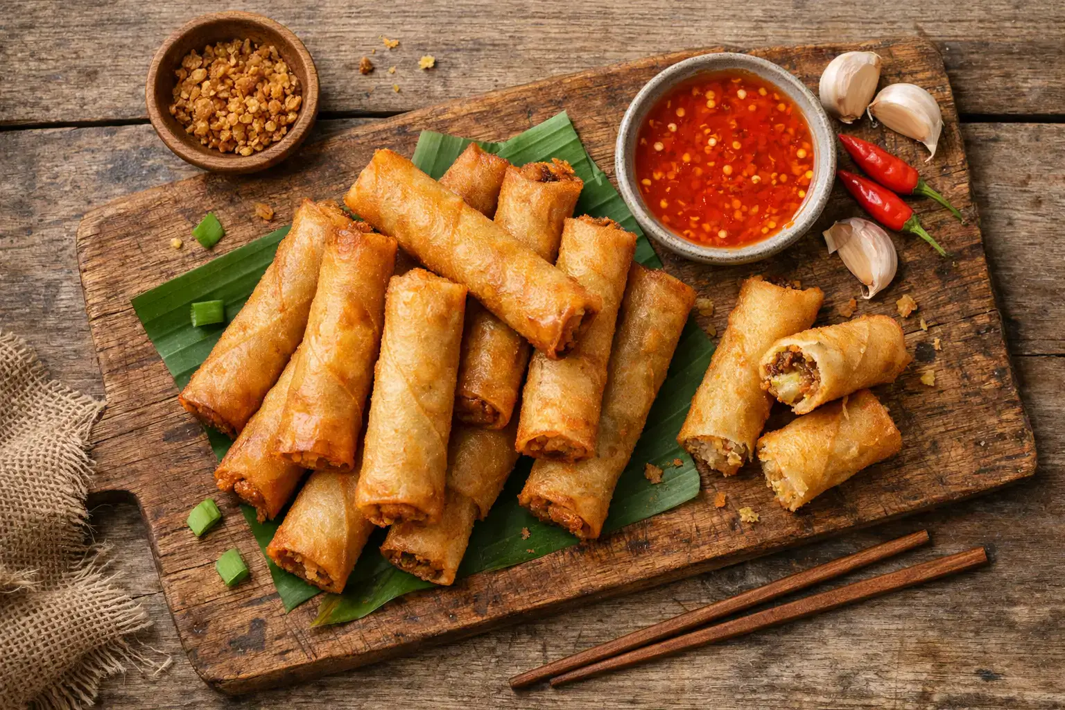 Fresh lumpia on rustic wooden table - 80 calories per piece