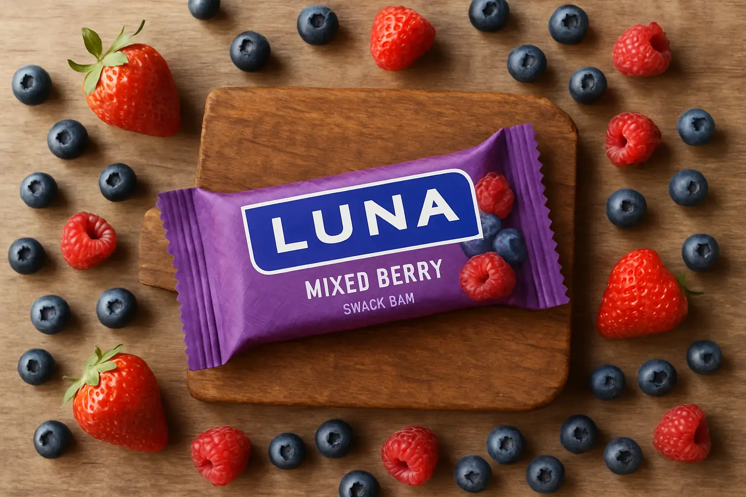 LUNA Berry Bar Mixed Berry 48g bar on a wooden surface showing soft oat texture and creamy coating with blueberry, raspberry, and strawberry pieces