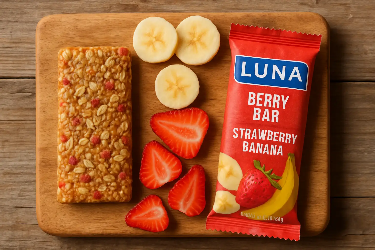 LUNA Berry Bar Strawberry Banana 48g bar on a wooden surface showing soft oat texture and yogurt-flavored coating with strawberry and banana pieces