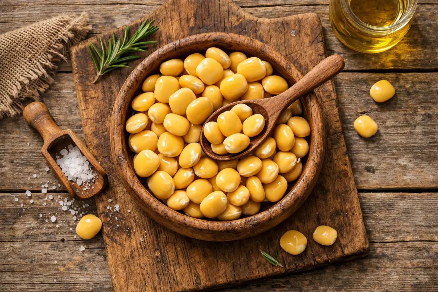 Lupins frais dans un bol en bois - 116 calories pour 100g