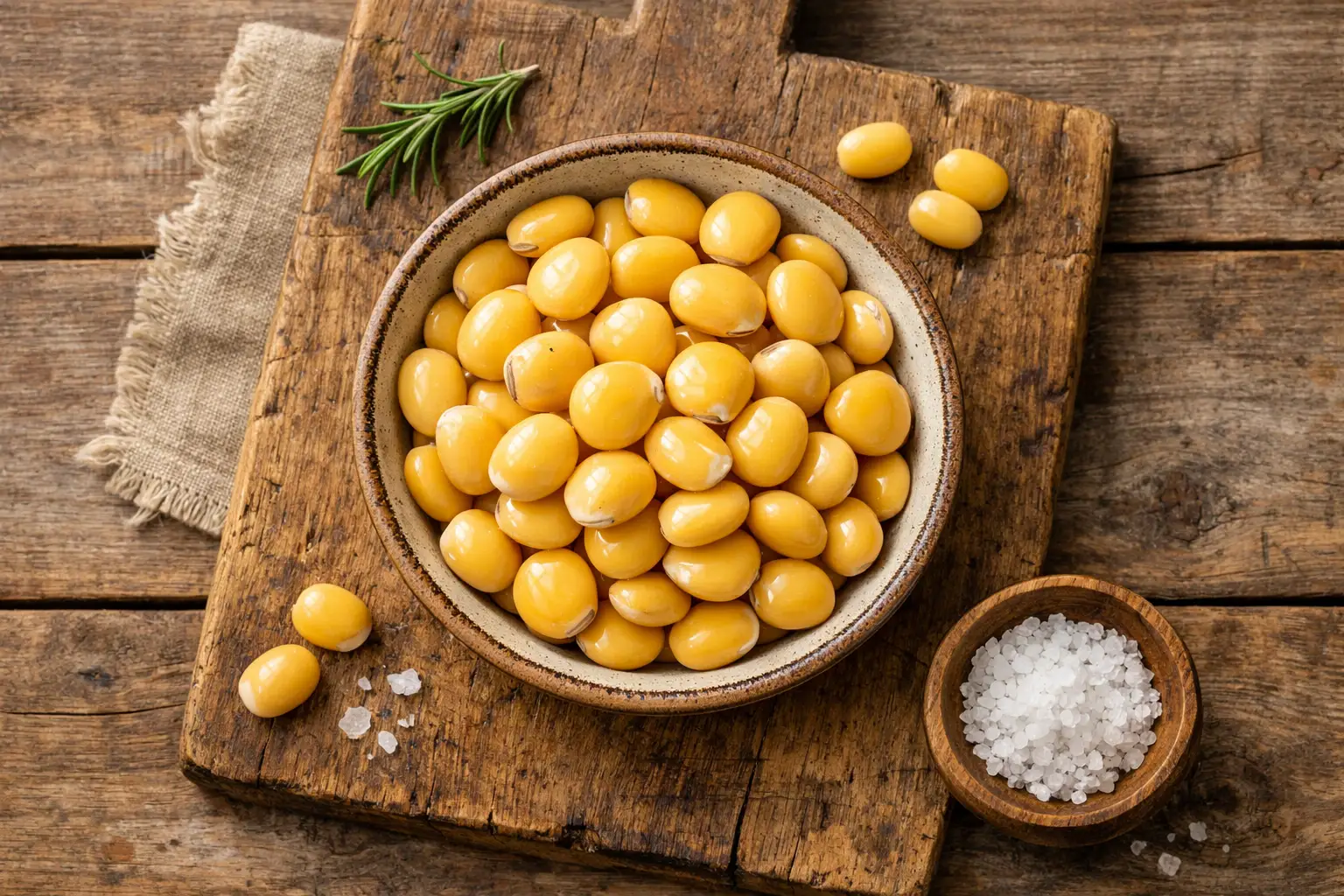 Fresh lupini beans in ceramic bowl on rustic wooden table - 119 calories per 100g