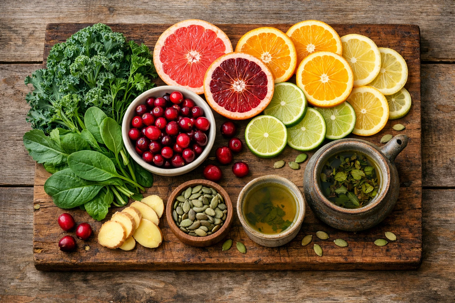 Colorful lymphatic health foods including citrus, leafy greens, and cranberries on wooden board
