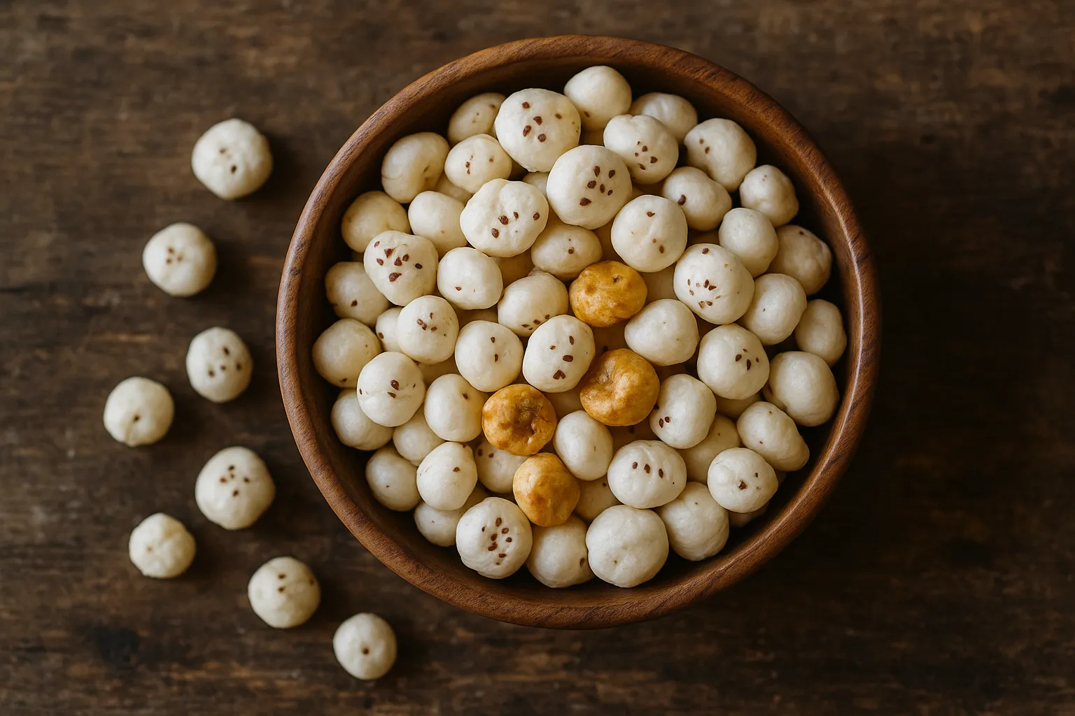 Fresh makhana (fox nuts) on rustic wooden table - 347 calories per 100g