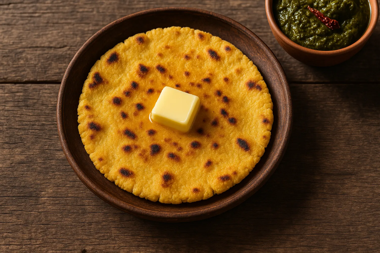 Frisches Makke Ki Roti auf rustikalem Holztisch - 120 Kalorien pro Roti