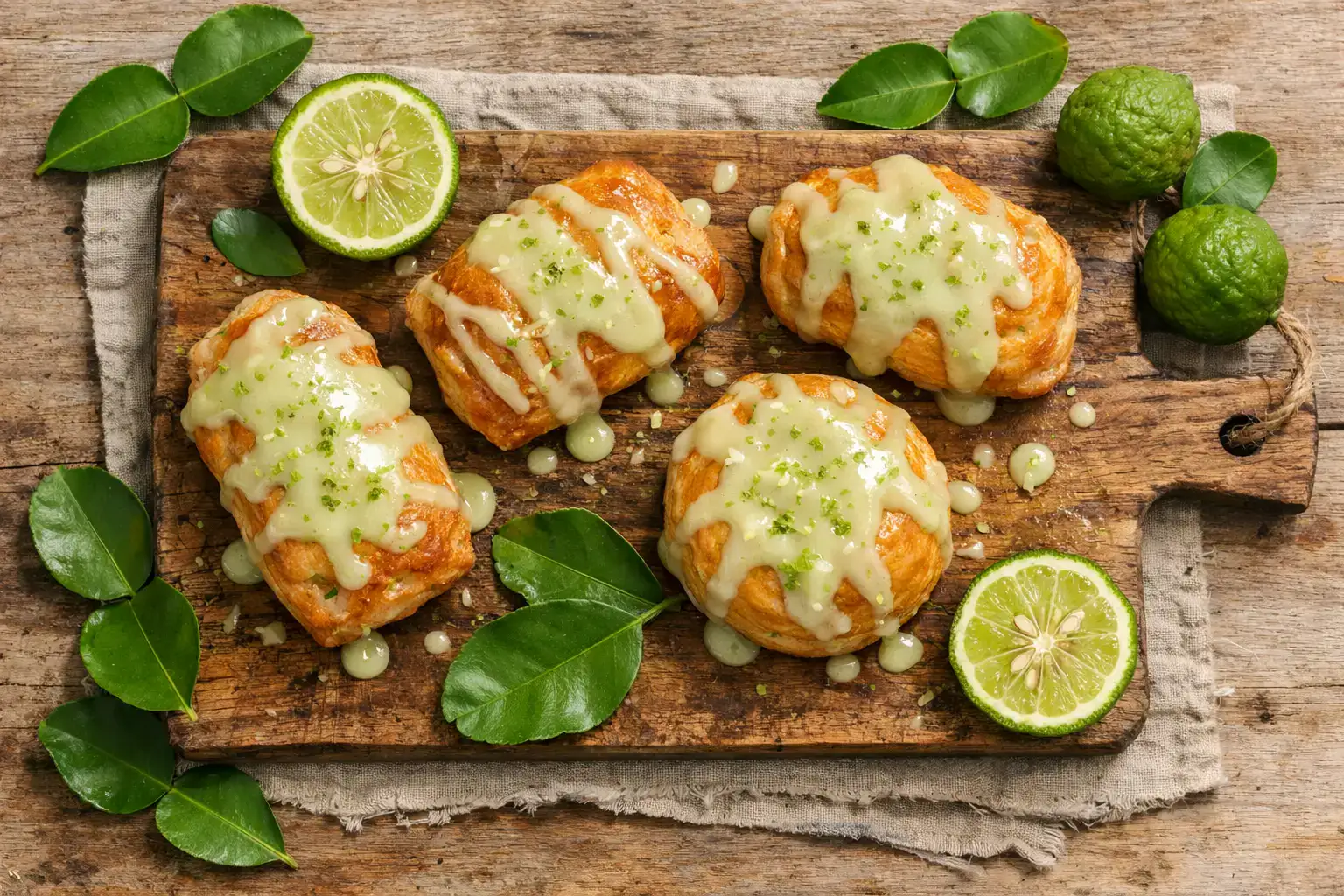 रस्टिक लकड़ी की टेबल पर ताज़ा मैक्रट लाइम ग्लेज़ - 40 कैलोरी प्रति टेबलस्पून