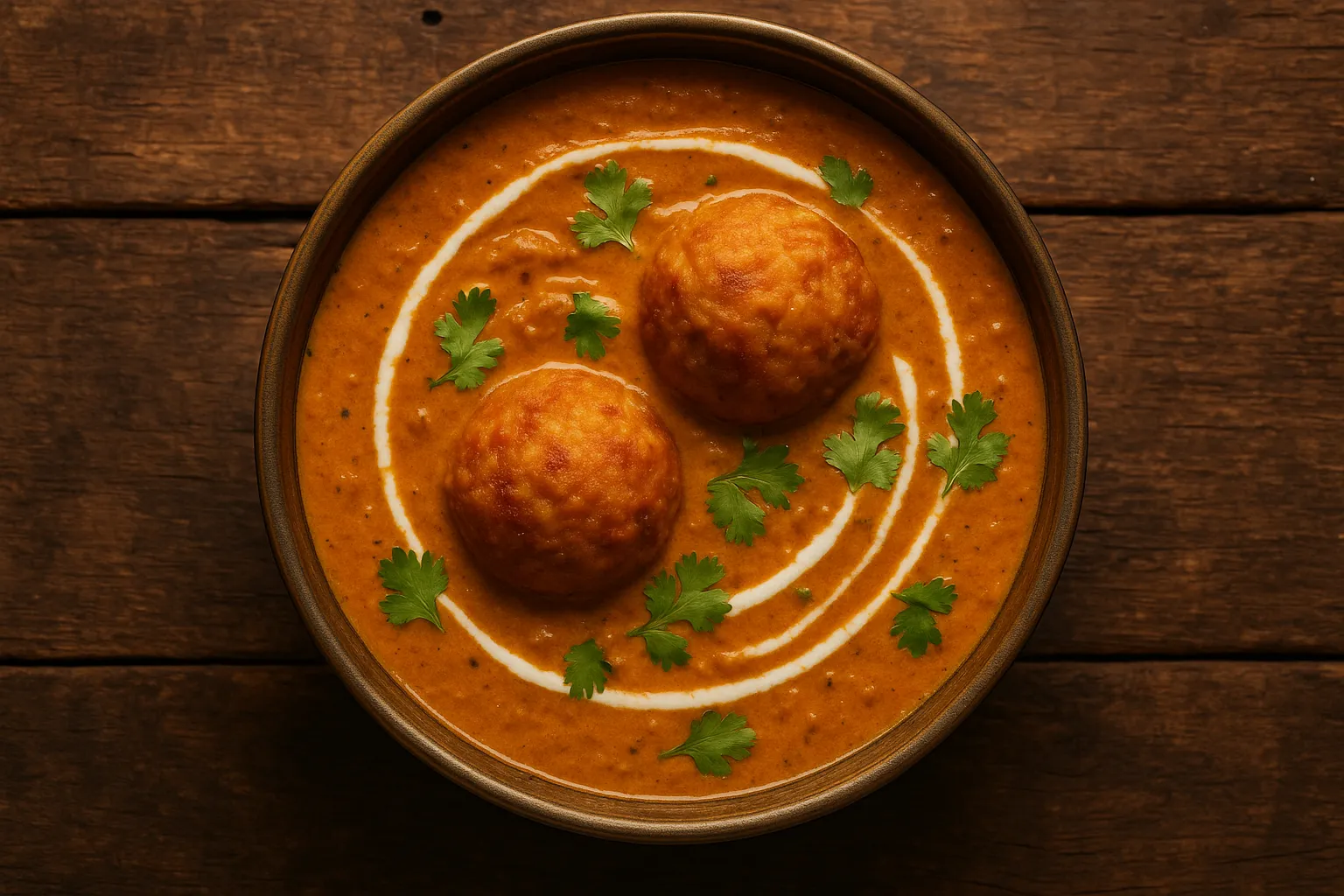 Fresh malai kofta curry on rustic wooden table - 280 calories per serving
