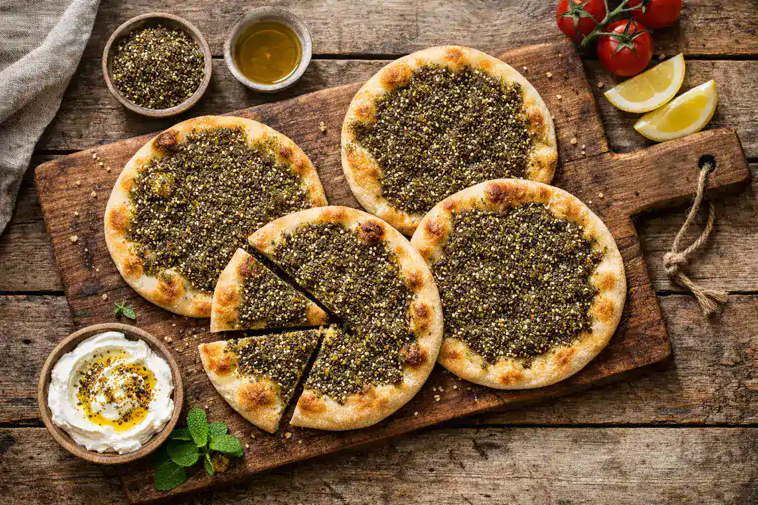 Manakish libanés fresco con za'atar en mesa de madera rústica - 320 calorías por pieza
