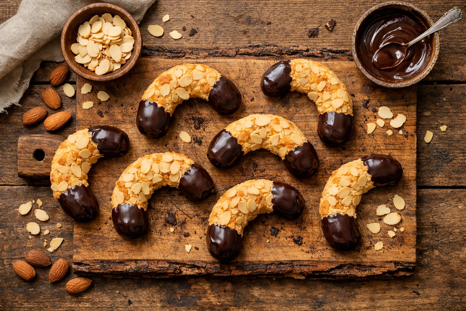 Frische Mandelhörnchen deutsche Mandelkekse auf rustikalem Holztisch - 150 Kalorien pro Keks