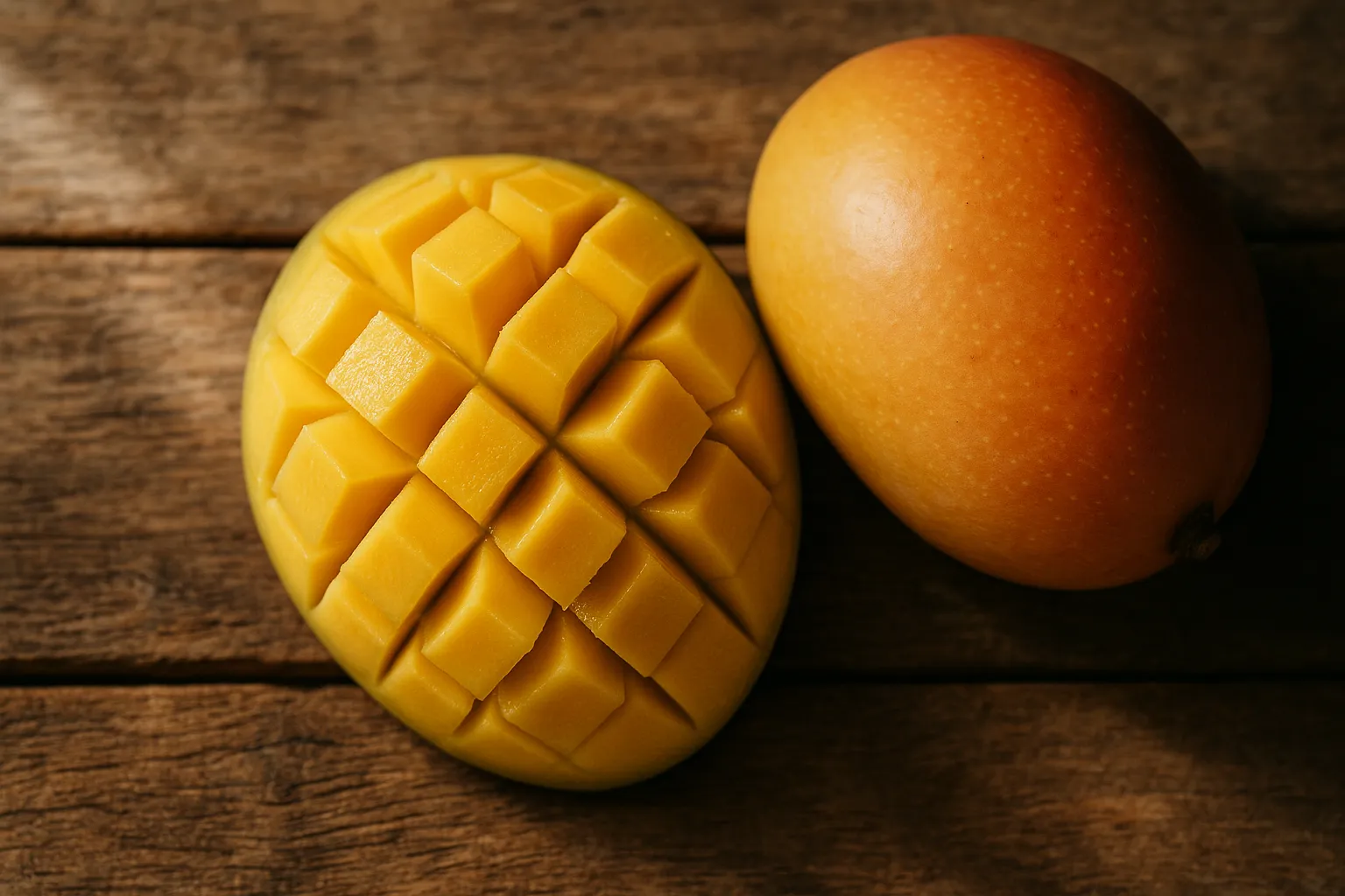 Fresh ripe Mango on rustic wooden table - 60 calories per 100g