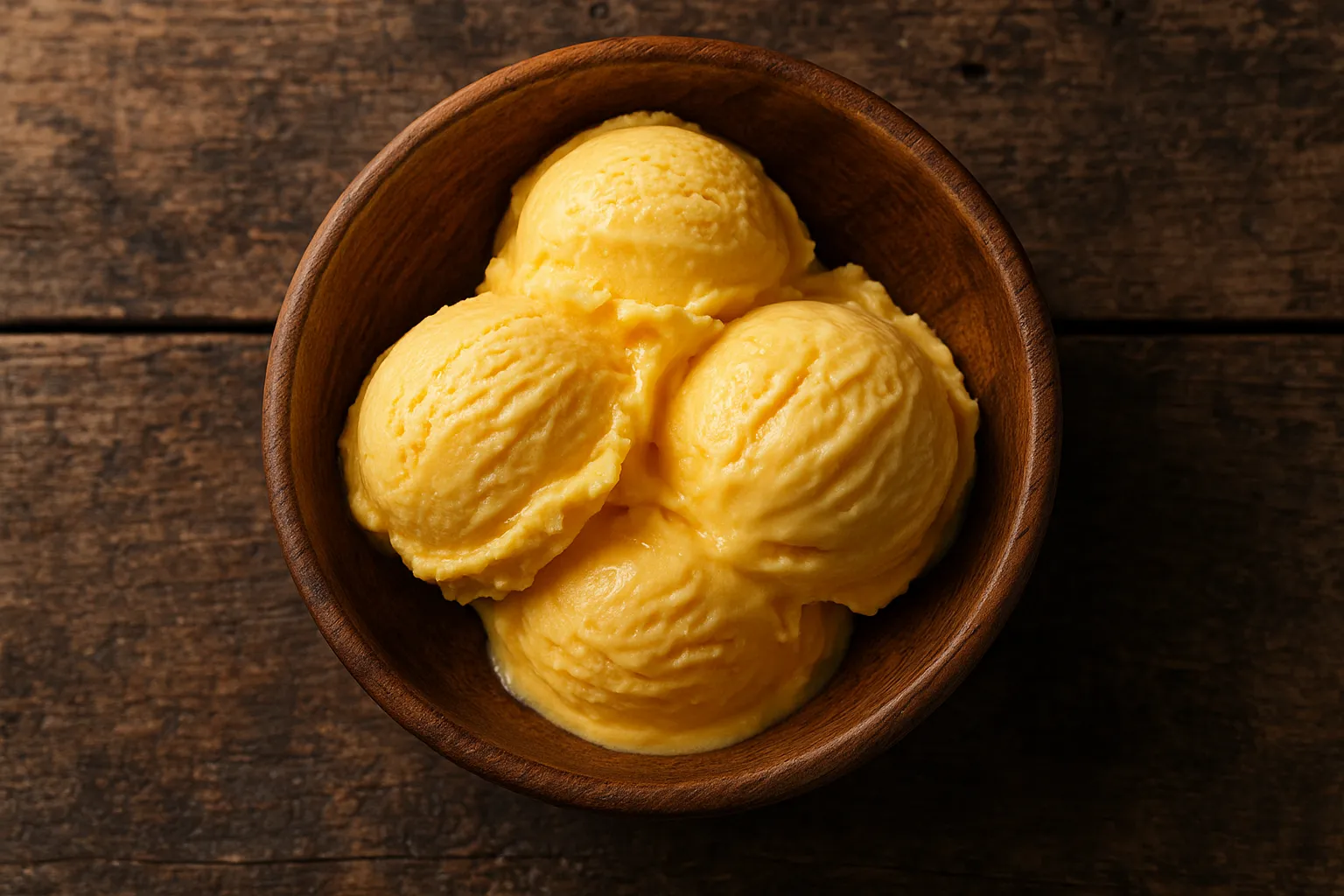 Fresh mango ice cream in a rustic wooden bowl - 217 calories per cup