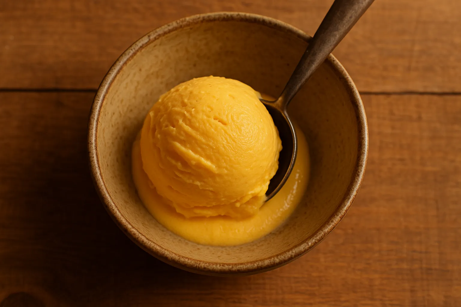 Fresh mango ice cream on rustic wooden table - 216 calories per 100g
