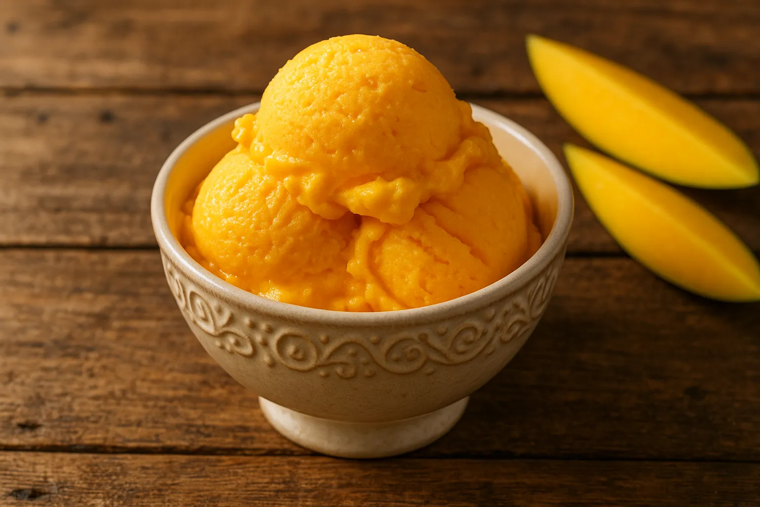 Taza de helado de mango fresco en mesa de madera rústica - 207 calorías por media taza