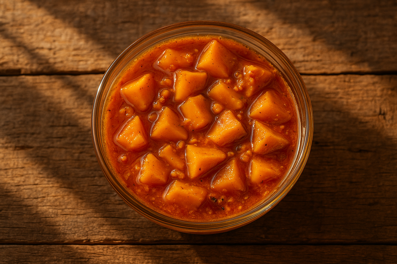 Mango pickle in glass bowl on rustic wooden table - 55 calories per 100g