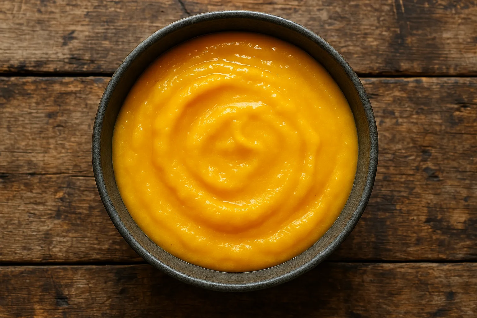 Fresh mango pulp on rustic wooden table - 75 calories per 1/2 cup