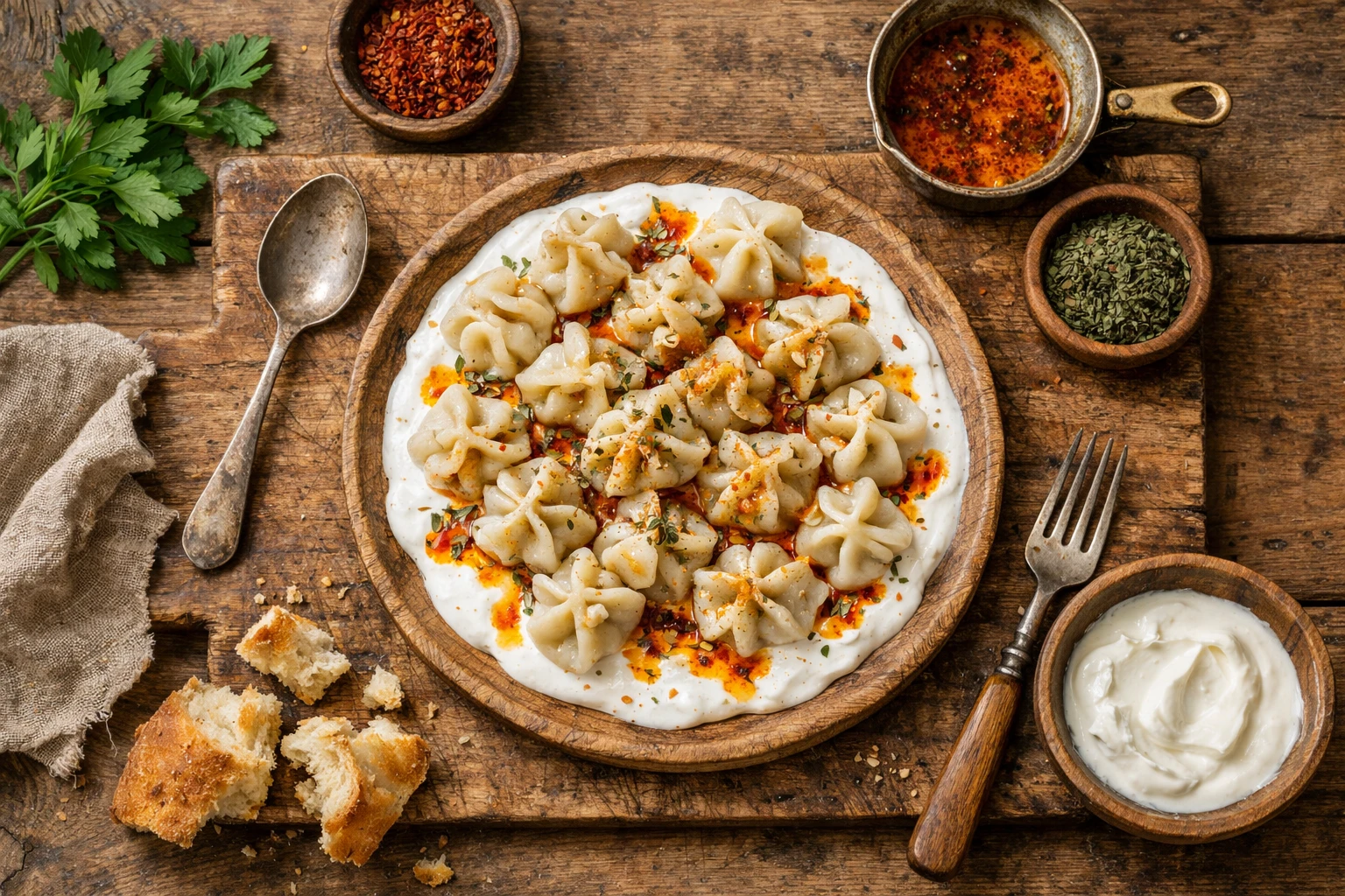 Frische türkische Manti-Teigtaschen mit Joghurtsauce auf rustikalem Holztisch - 290 Kalorien pro Portion