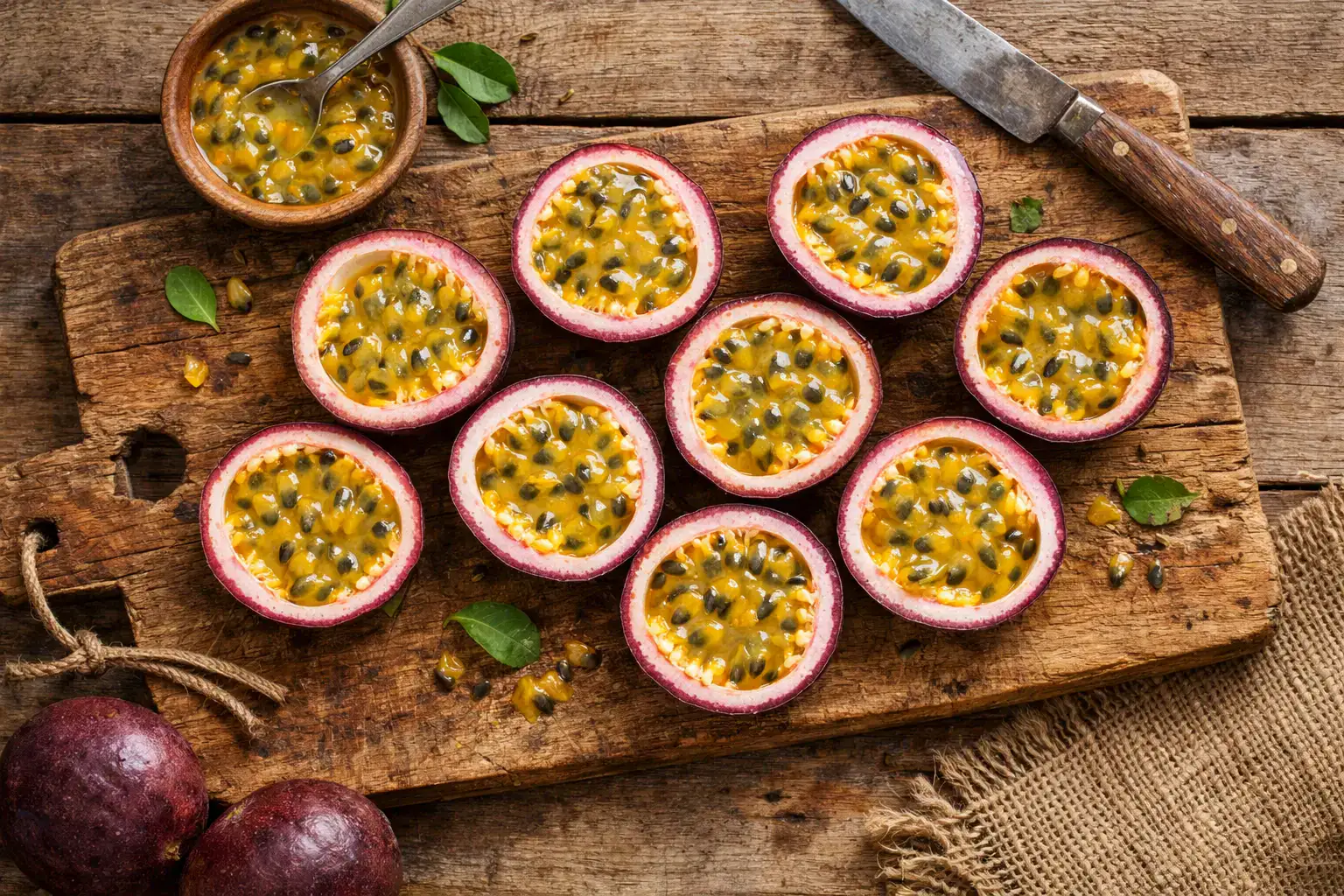 रस्टिक लकड़ी की टेबल पर ताज़ा पैशन फ्रूट मैराक्यूजा पल्प - 97 कैलोरी प्रति 100 g