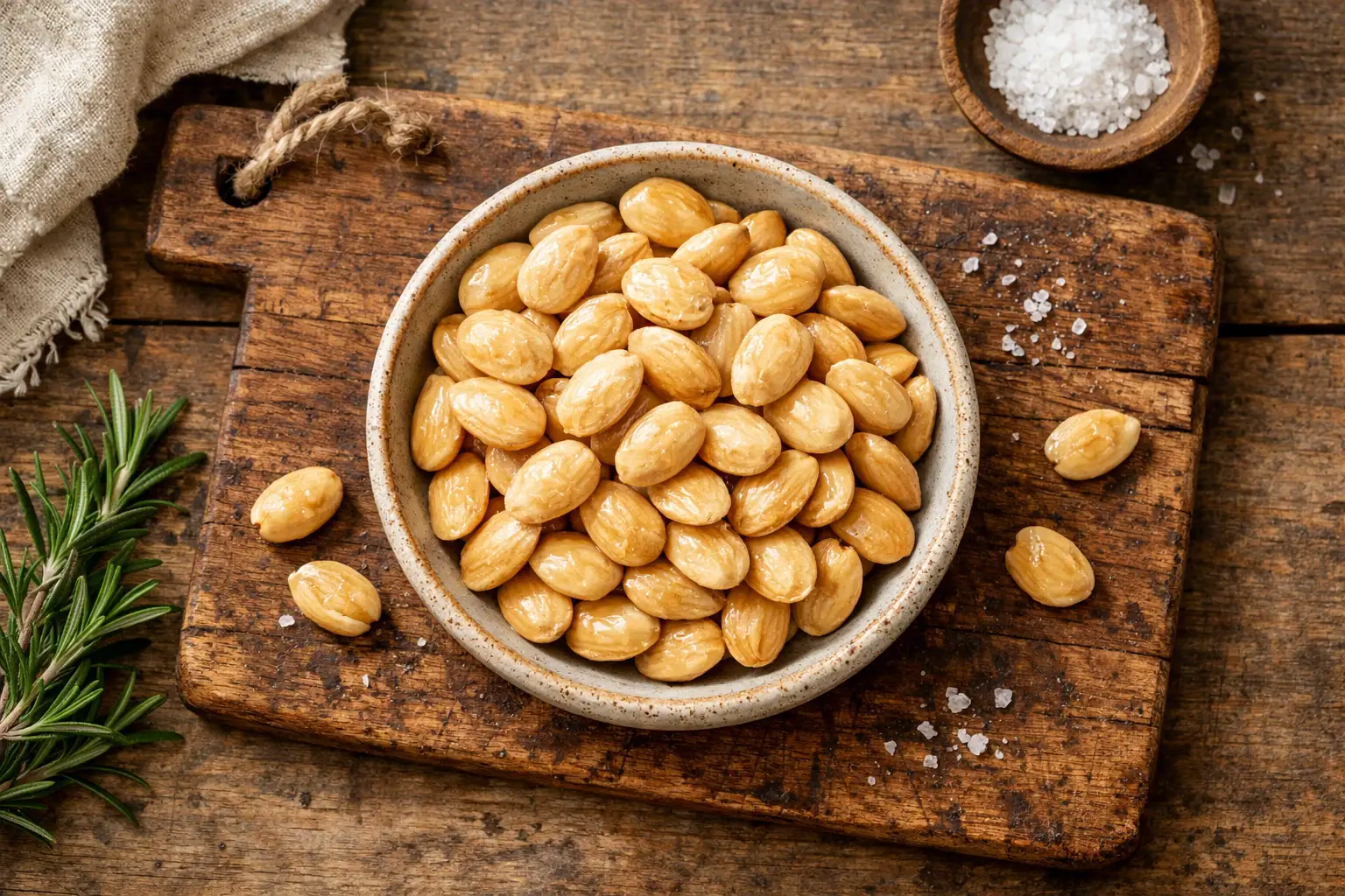 Fresh Marcona almonds on rustic wooden table - 180 calories per 1 oz serving