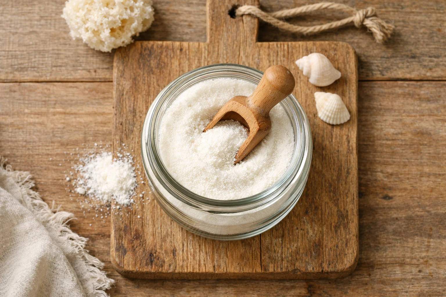 Frisches marines Kollagenpulver auf rustikalem Holztisch - 35 Kalorien pro Messlöffel