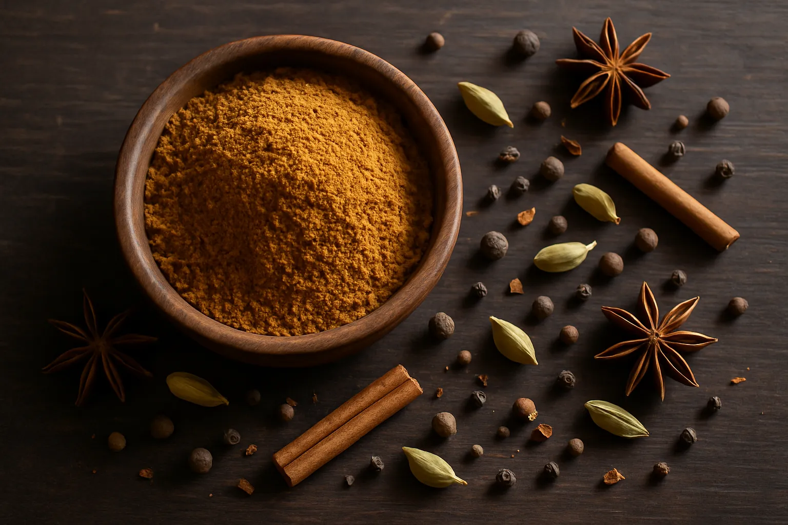 Fresh garam masala spice blend on rustic wooden table - 6 calories per teaspoon