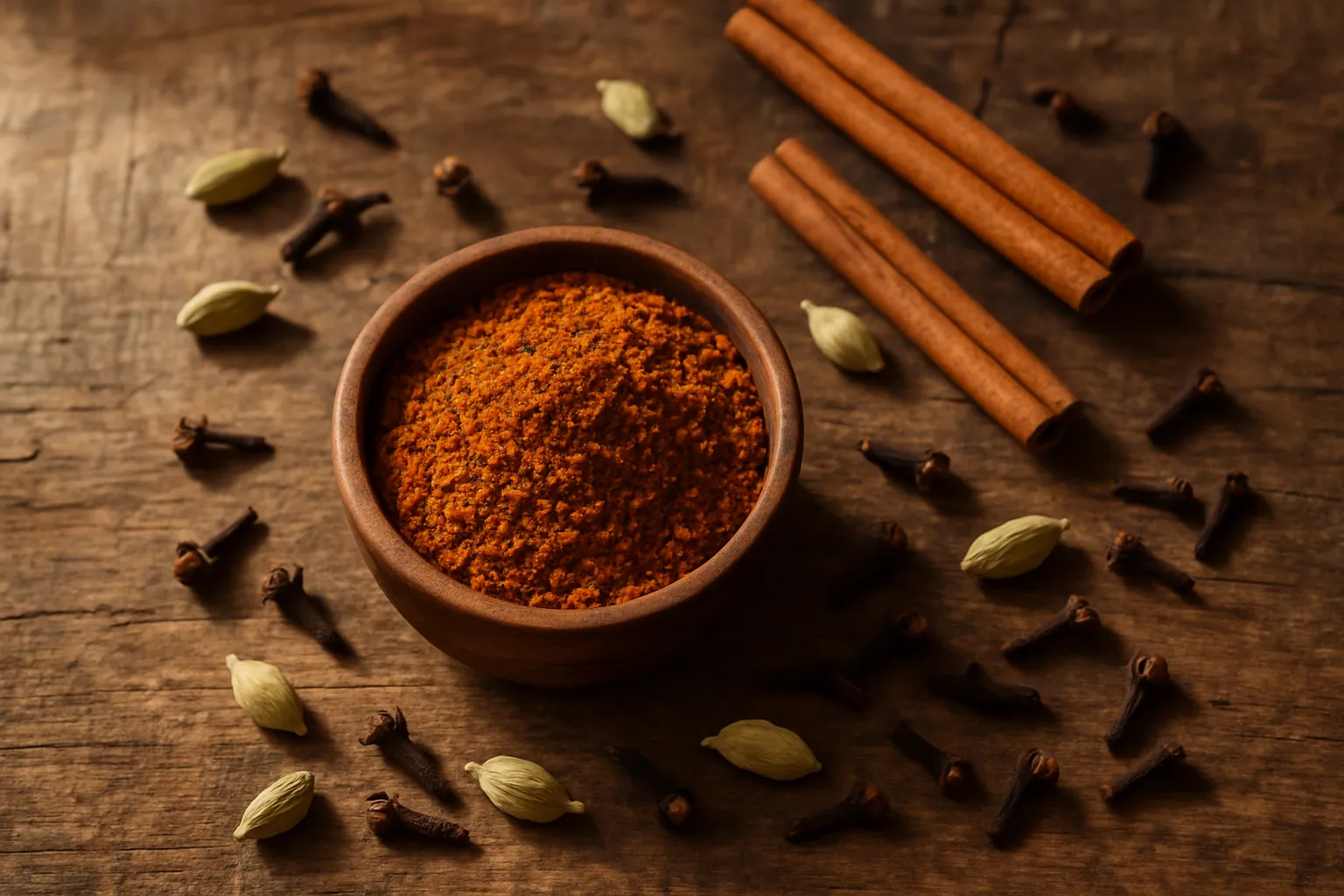 Aromatic masala spice blend in wooden bowl - 8 calories per teaspoon