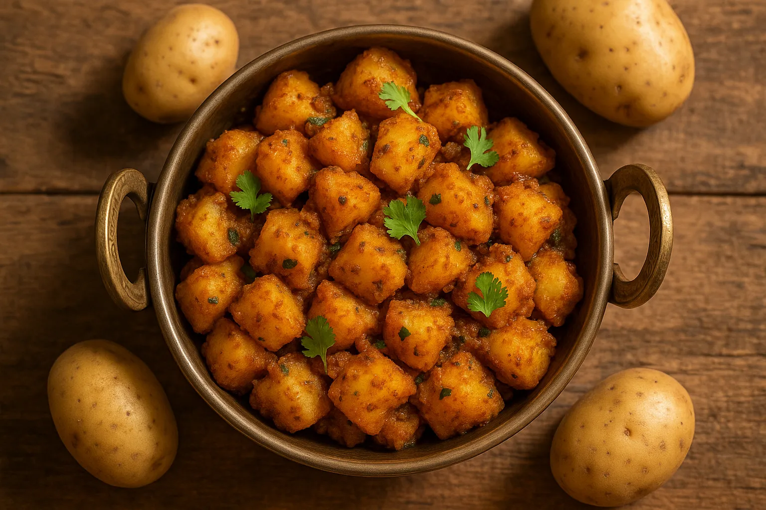 Fresh masala aloo on rustic wooden table - 195 calories per cup