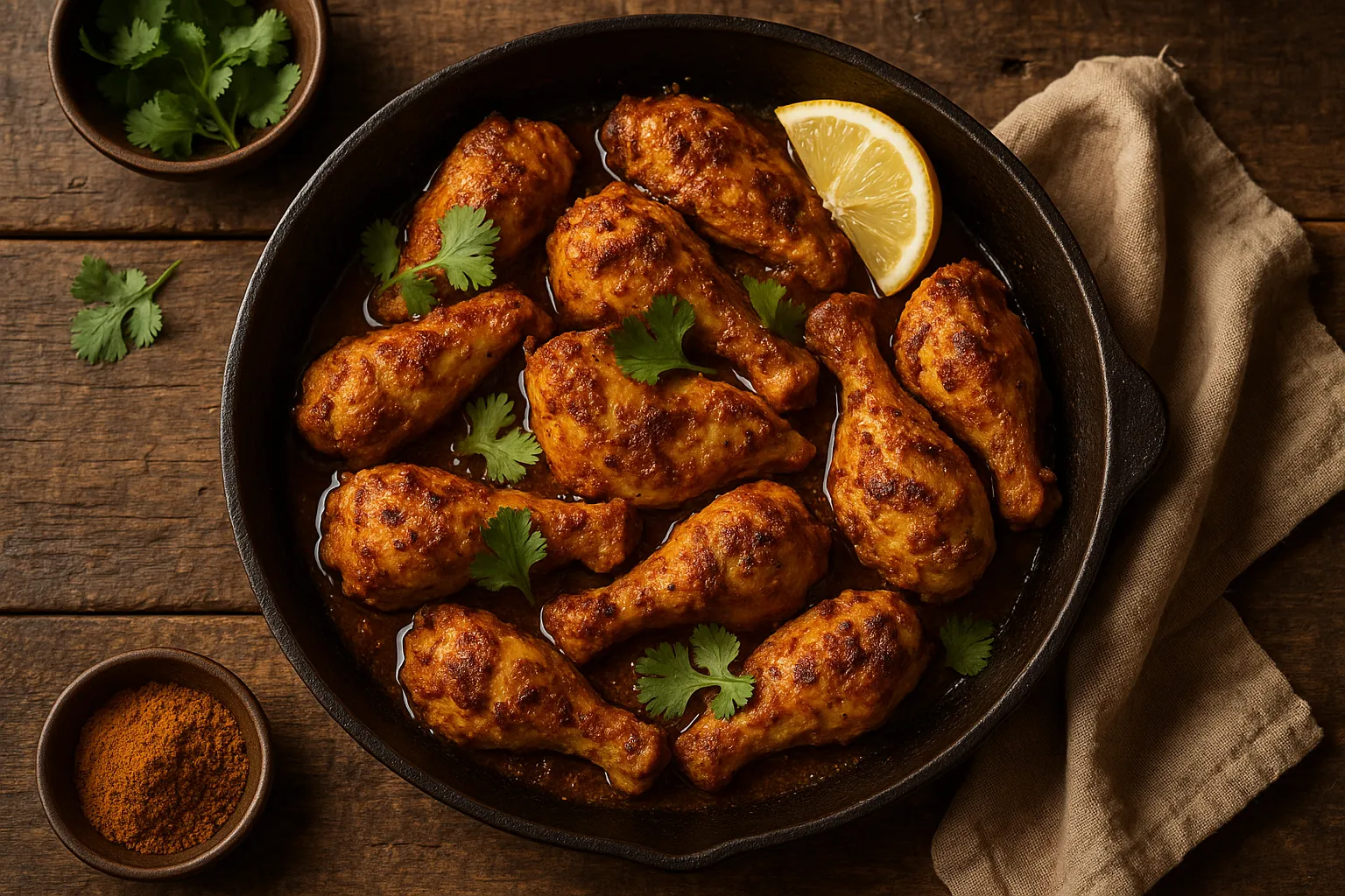Masala chicken on rustic wooden table - 165 calories per 100g