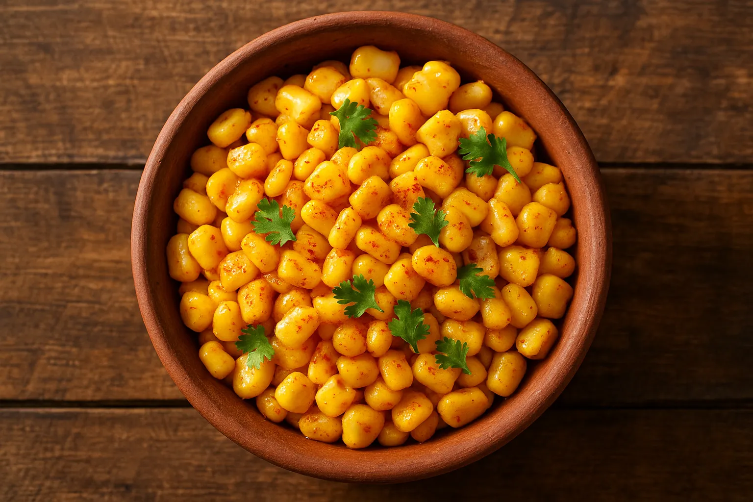 Fresh masala corn on rustic wooden table - 115 calories per 100g