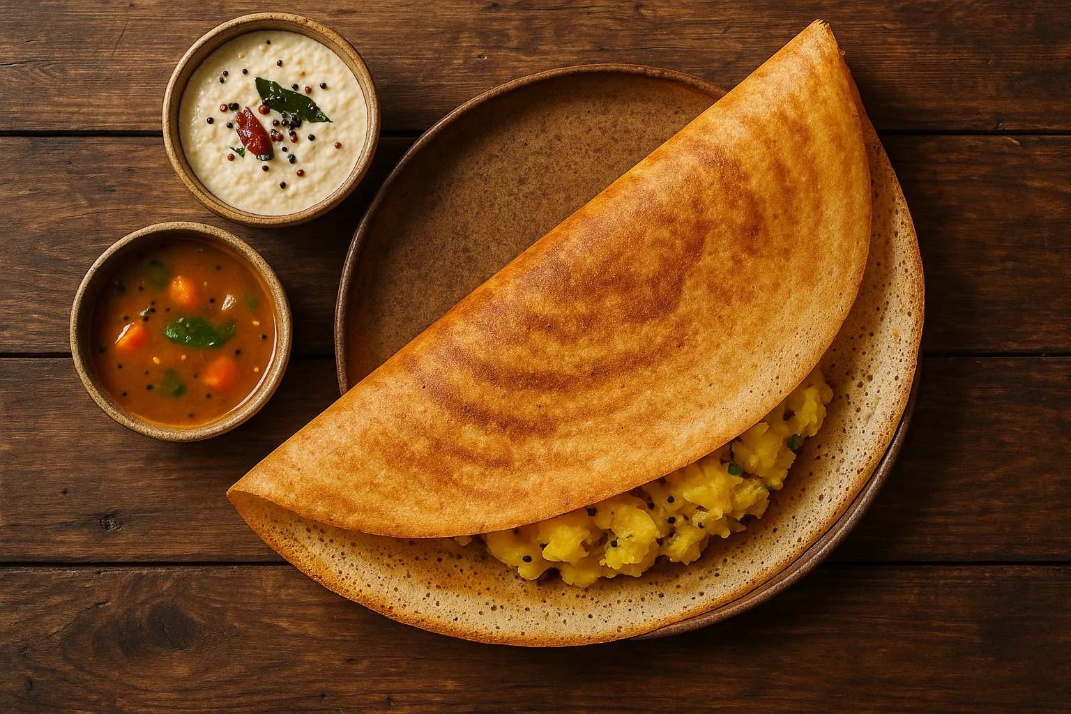 Fresh masala dosa on rustic wooden table - 220 calories per dosa
