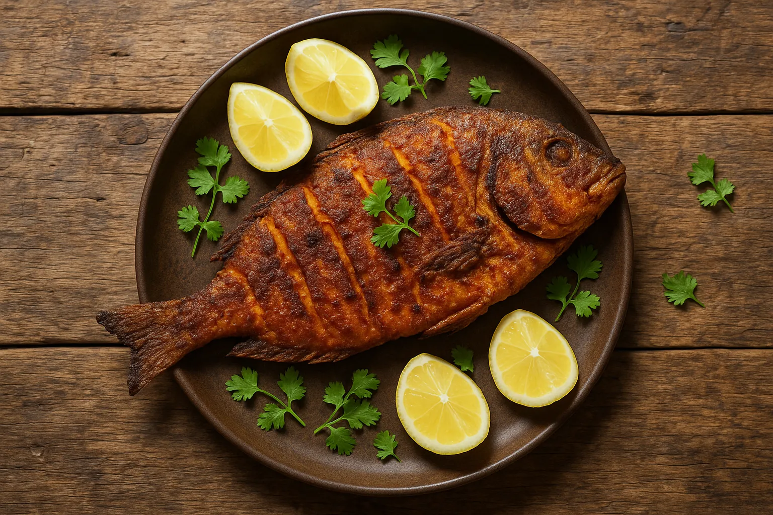Fresh masala fried fish on rustic wooden table - 210 calories per 100g