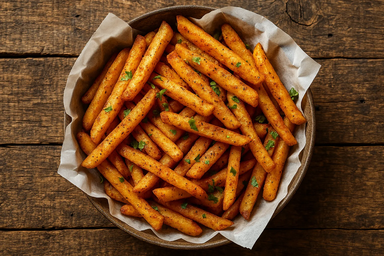 Frites masala fraîches sur table rustique en bois - 312 calories pour 100 g