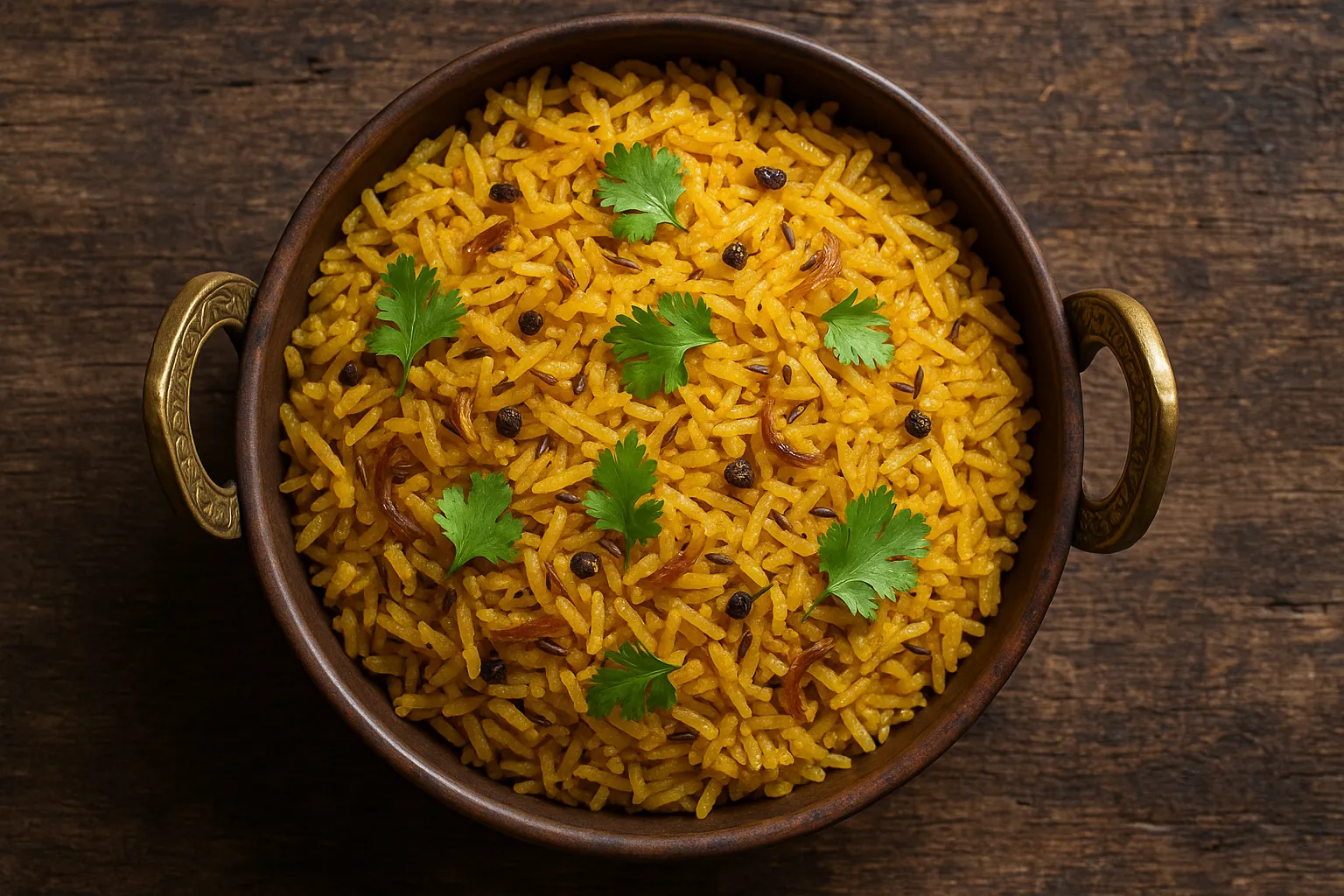Fresh masala rice on rustic wooden table - 130 calories per 100g