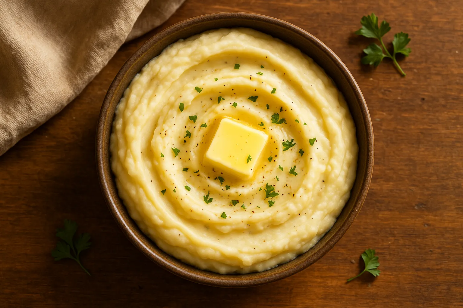 रस्टिक वुडन टेबल पर फ्रेश मैश्ड पोटैटो - 100g में 105 कैलोरी