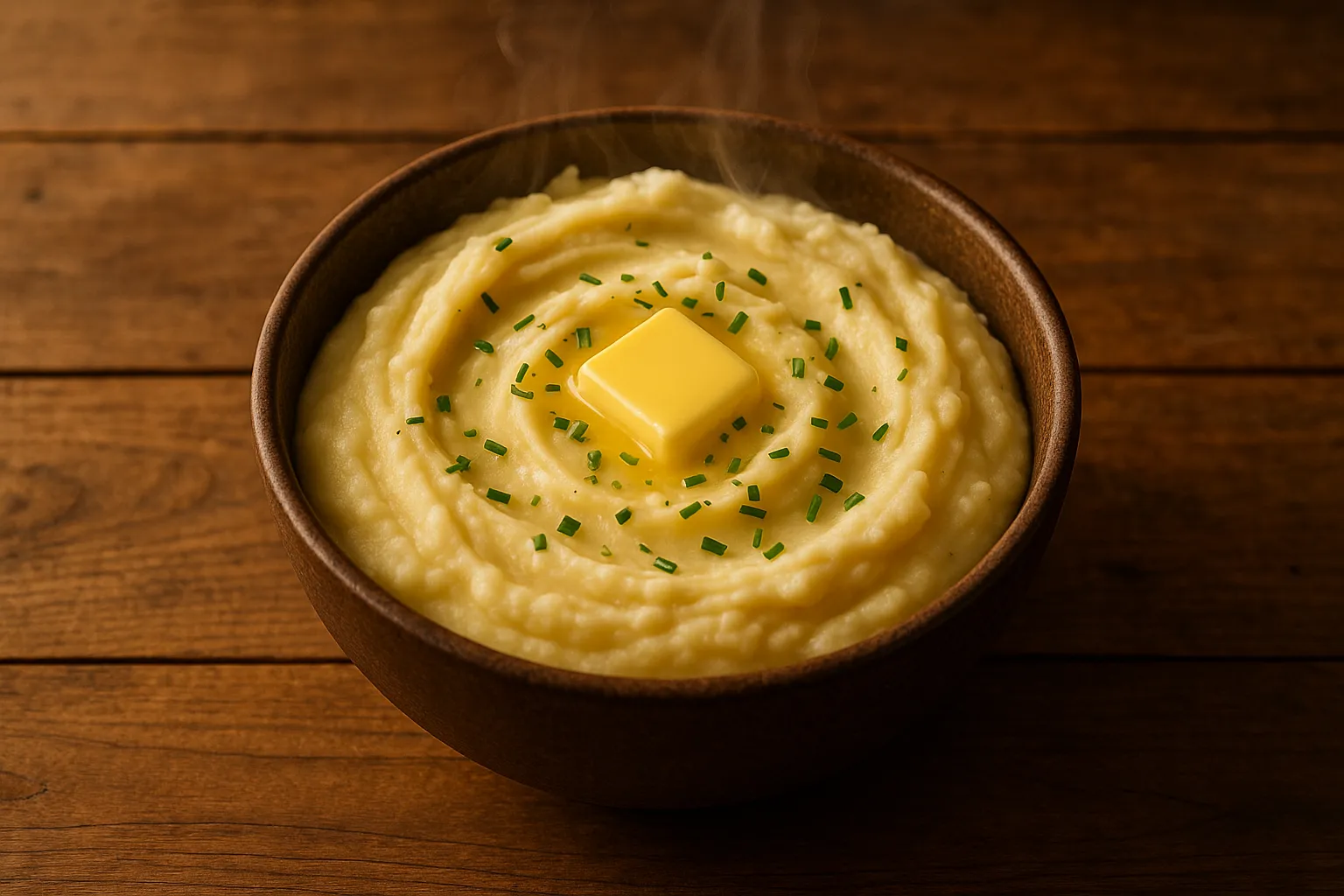 Creamy buttered Purée de Pommes de Terre in ceramic bowl - 145 calories per serving