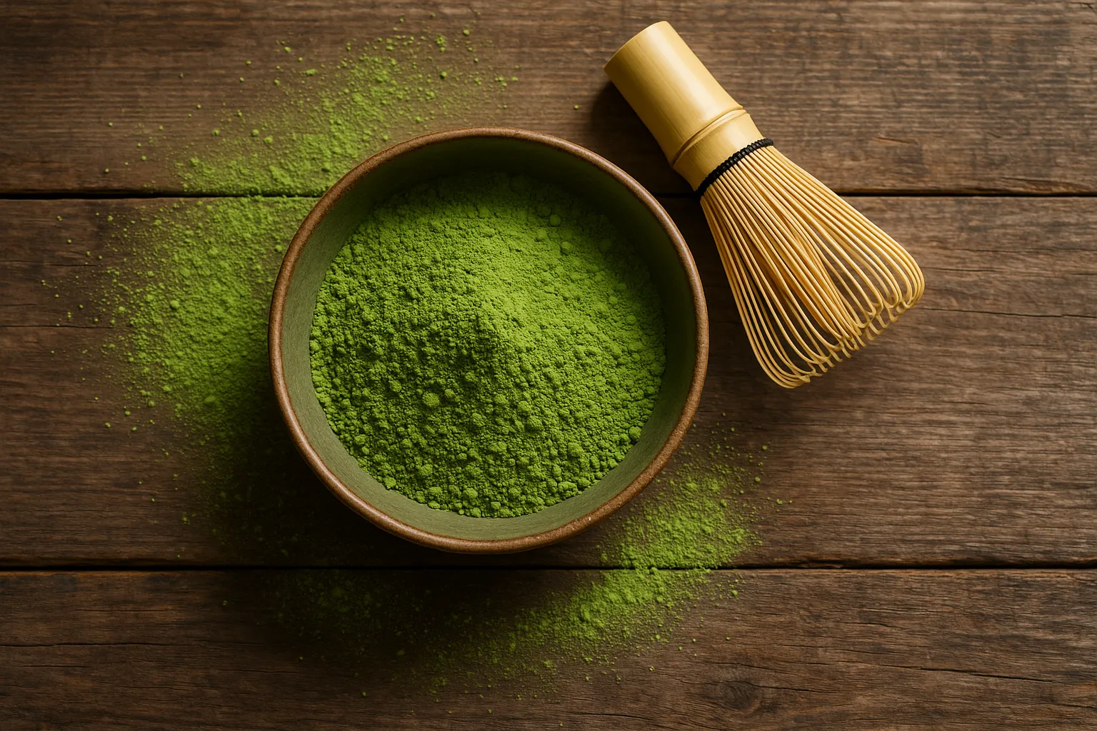 Polvo de matcha fresco sobre mesa de madera rústica - 6 calorías por cucharadita